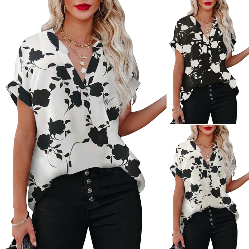 

Women's T-shirt V-neck Summer Short Sleeve Top T-shirt Flower Printed Women's Shirt Loose Fashion Street Clothing