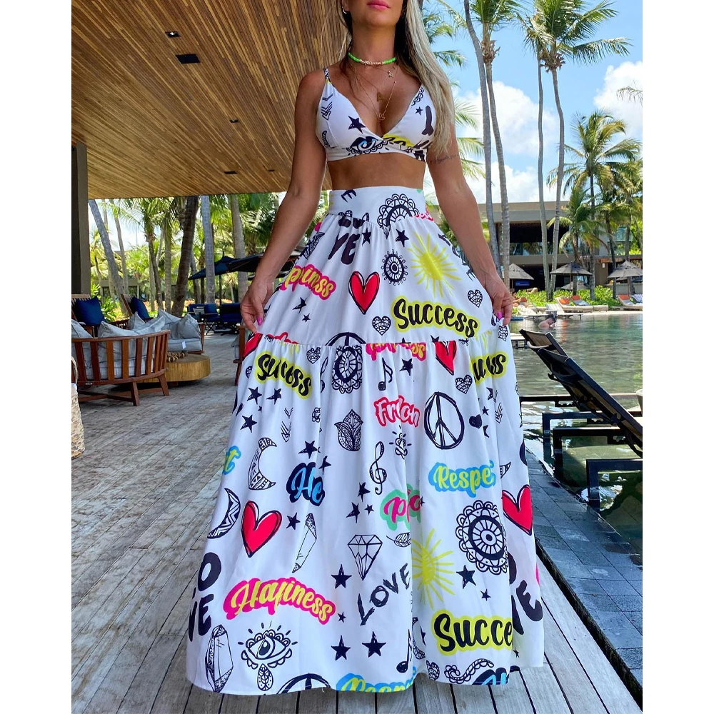 

Women 2pcs Clothes Suit Sleeveless Short Letter Heart Star Print Crop Top & Skirt Set Cami Tanks Tops high waist A Line Skirt