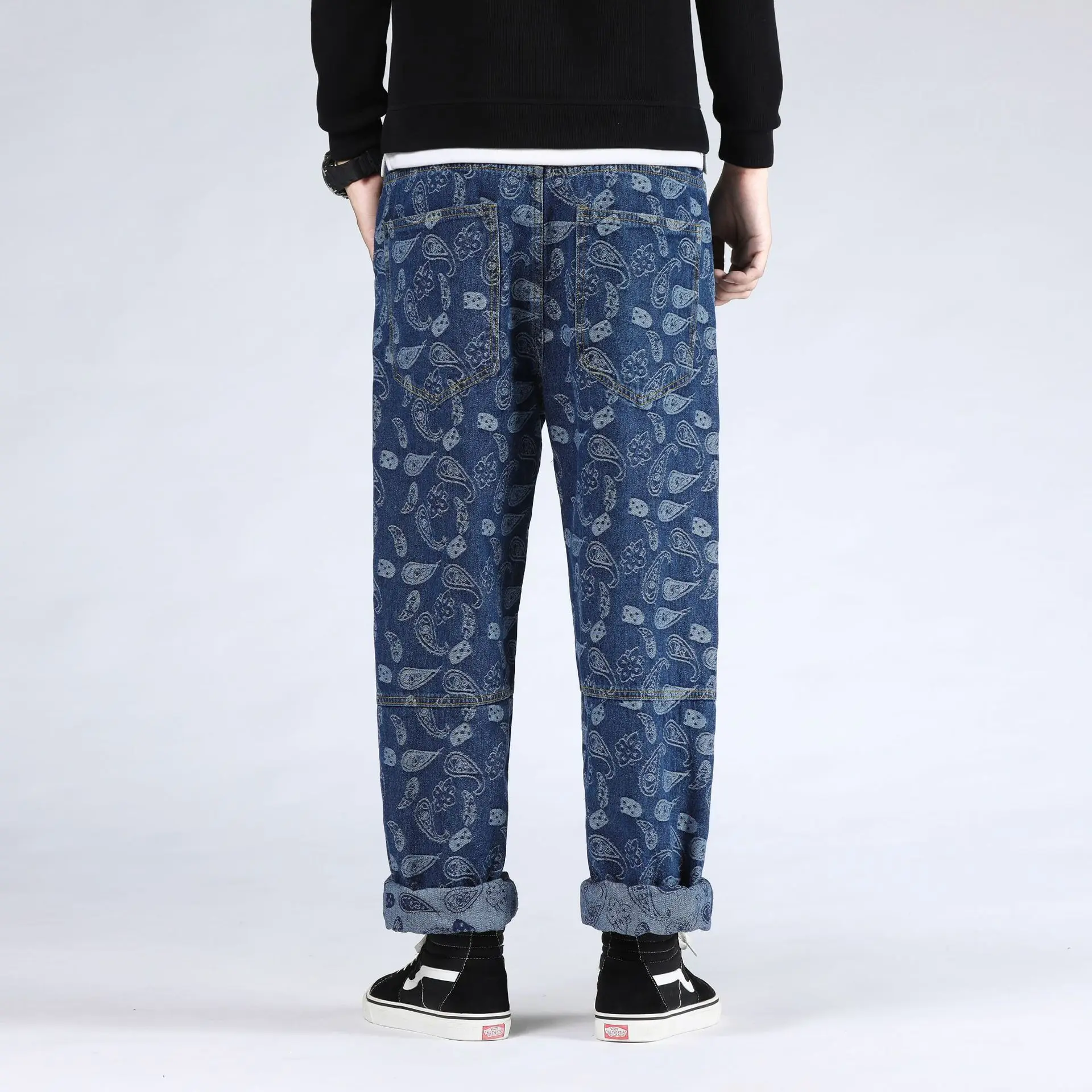 Oversize Loose Baggy Jeans Streetwear Hip Hop Print Jacquard High Waist Denim Pants Men Plus Size Cotton Straight jeans Trousers