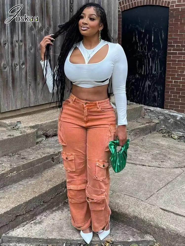 

Joskaa повседневные однотонные мешковатые джинсы с несколькими карманами женские хипстерские прямые джинсы с высокой талией 2023 женские брюки уличная одежда