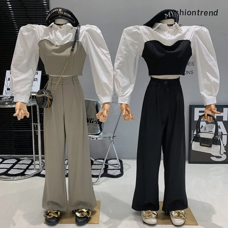 

Новинка, женская одежда, весна 2023, короткая рубашка с пышными длинными рукавами и имитацией двух предметов, повседневные брюки, Модный компл...