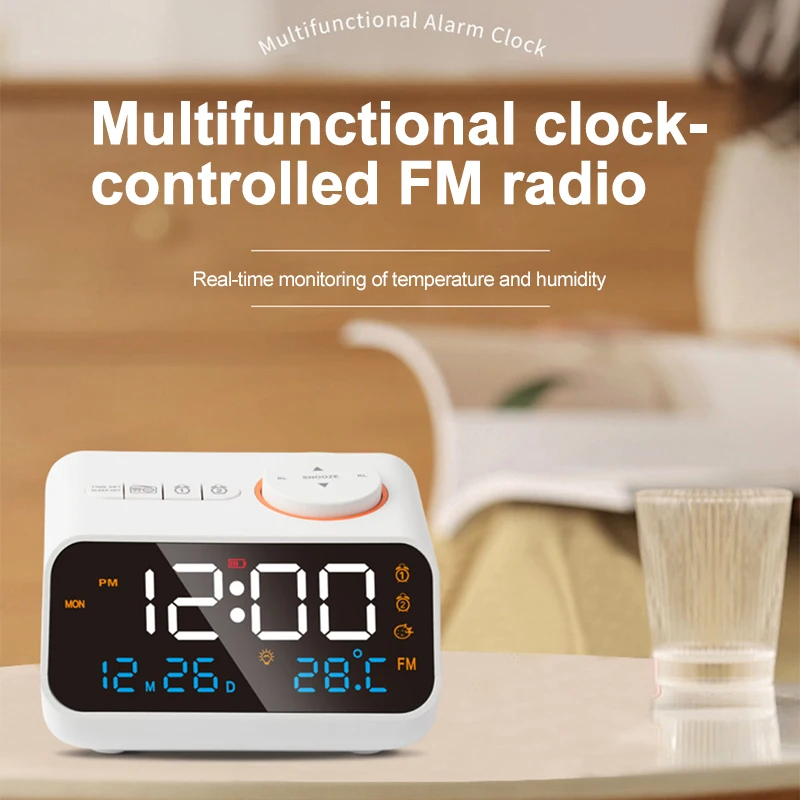 

Creative LED Digital Clock Control FM Radio Alarm Clock Temp Humidity Display Stepless Dimming USB Charging Snooze Function