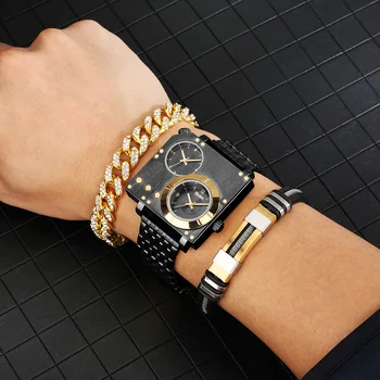 Personalized Leisure Large Dial Men's Watch Set Dual Time Zone Luxury Bracelet Business Quartz Wristwatch Gift Box for Boyfriend Other Image
