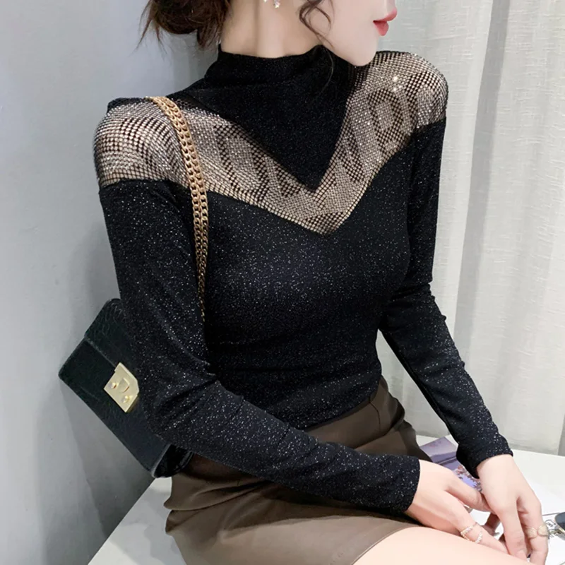 

SALE Autumn Long Sleeved Turtleneck Women's T-Shirt Elegant Slim Hollow Out Black Mesh Tops Tees