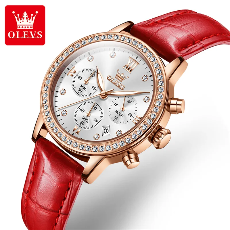 OLEVS Fashion Women Watch with Diamond Watch Ladies Top Luxury Brand Ladies Casual Women's Leather Crystal Watches Relogio 2023