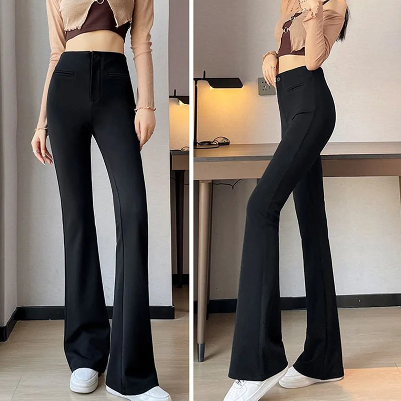 

Женские прямые брюки в стиле High Street, модные эластичные брюки с высокой талией, Женские Простые универсальные Облегающие расклешенные брюки, 2023