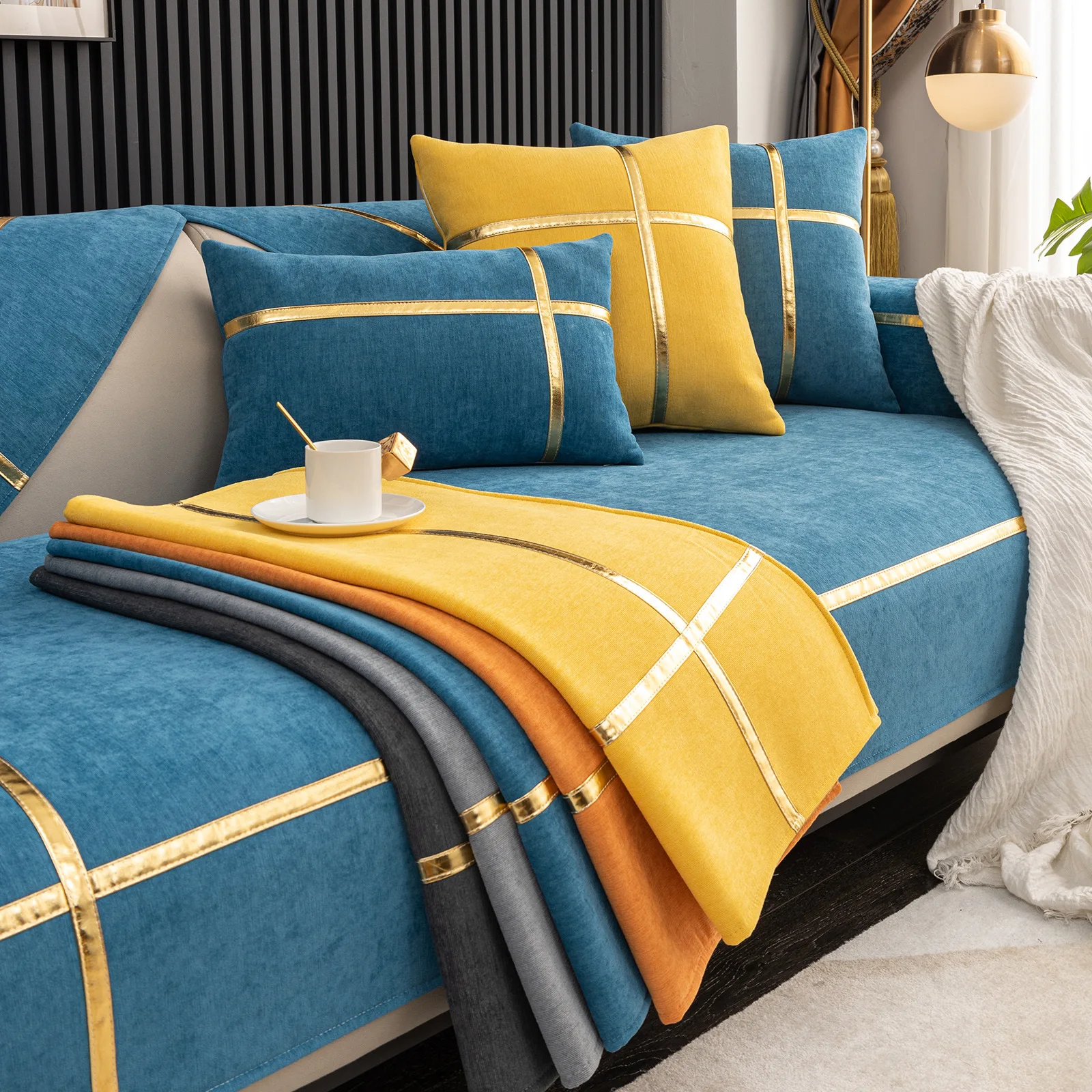 

Solid Sofa Seat Cushion Covers for Living Room Cushion Gold-Edged Lines Luxury Corner L Shape Furniture Sofa Slipcovers Towels