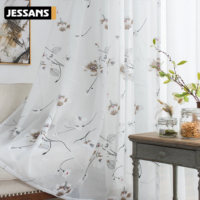 

Classical Floral Sheer Screening Panel Ink Printing Tulle Curtains For Living Room Blue Sheer Voile Blinds For Bedroom Drapes#3