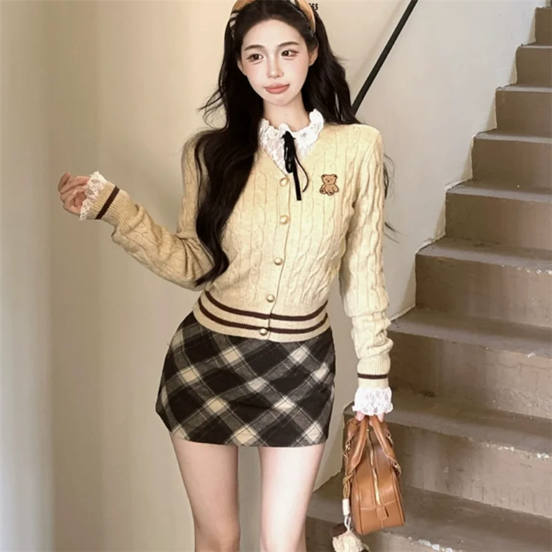 Студентка униформа из 2 предметов костюмы модные вязаные комплекты 3 кружевная