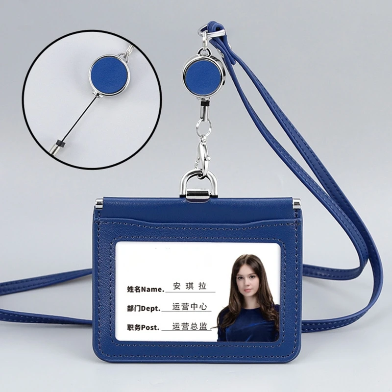 

Leather ID Badge Holder with Clear ID Window Credit Card Slot Detachable Neck Lanyards for Women Men