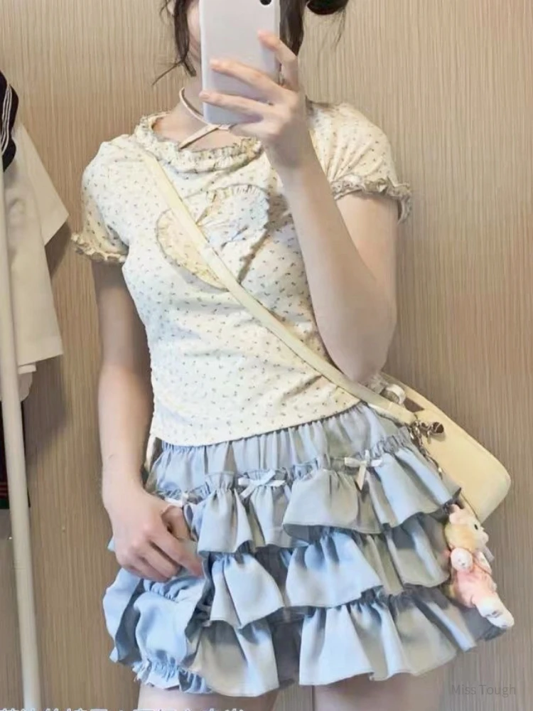 

Summer Kawaii Sweet Two Piece Set Women Strappy Korean Fashion Party Skirt Set Female Ruffle Flounce Lolita Cake Skirt Suit 2023