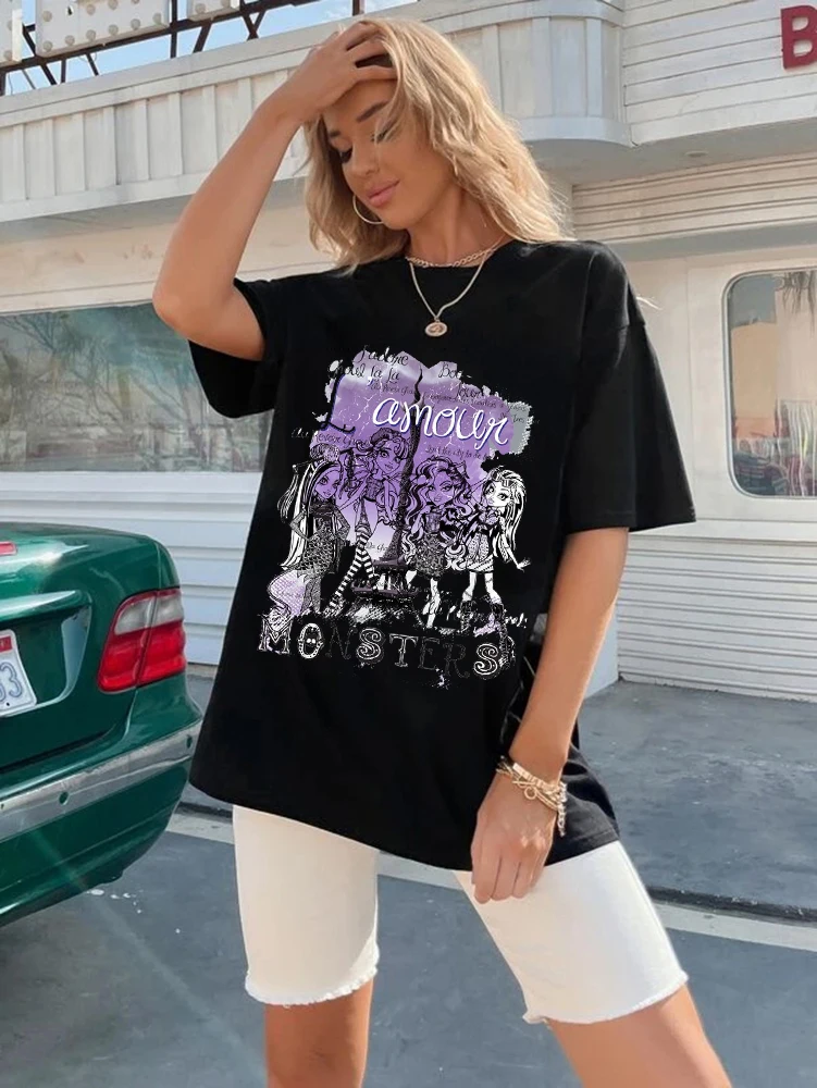 

Y2K Tops Oversized T-shirt Women Harajuku Retro Black Monster High Punk Gothic Anime Monster Print Tshirt Summer Female Clothes