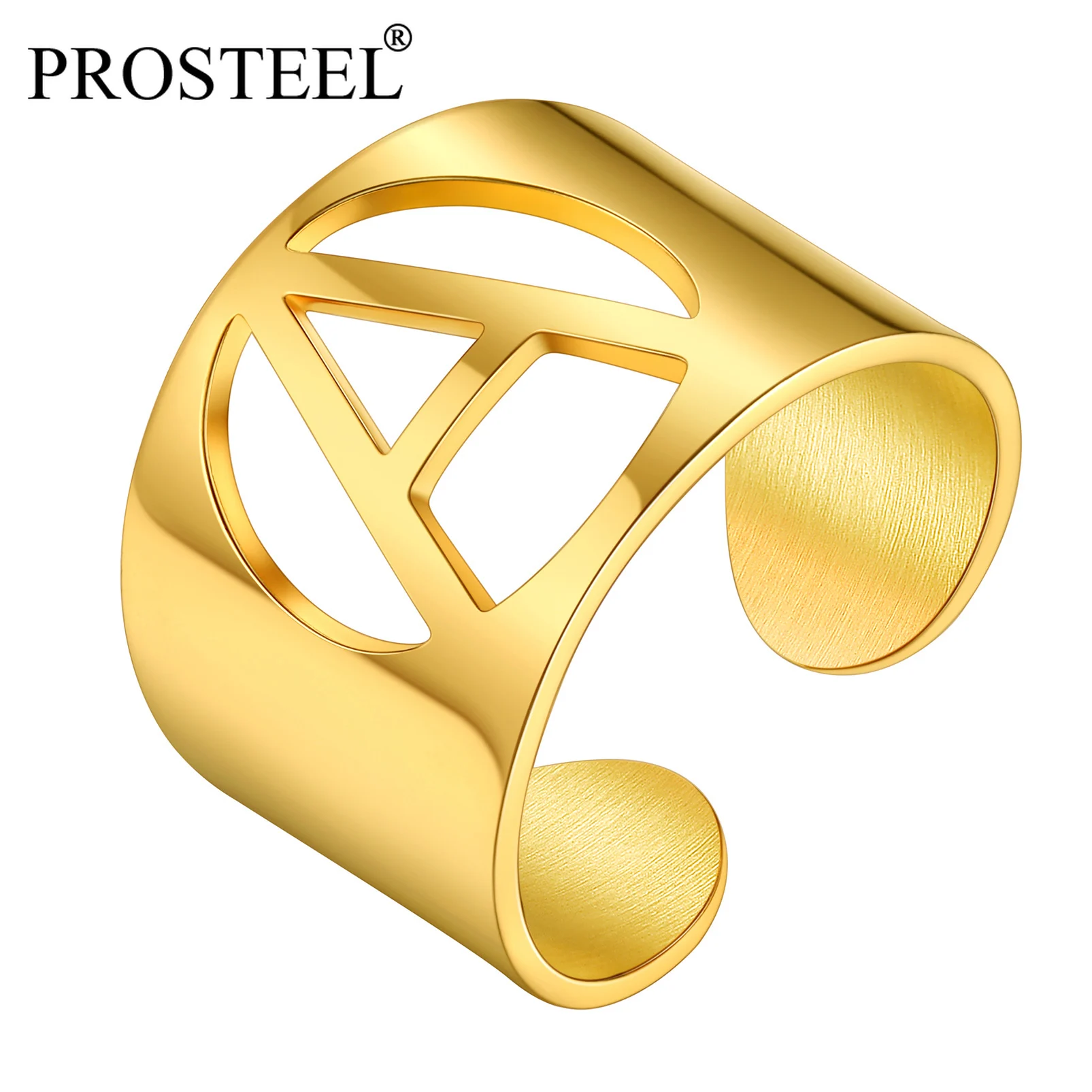 

PROSTEEL Initial Letter A-Z Cuff Ring 15mm Wide Band Open Ring Adjustable fits size6-12 Statement Ring for Male Female PSR4795