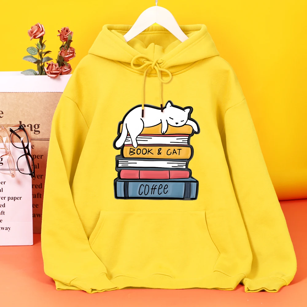 

White Cat Sleeping On A Pile Of Books Hooded Woman Harajuku Outdoor Hoodies simple Casual Hoodie Comfortable Harajuku Clothing