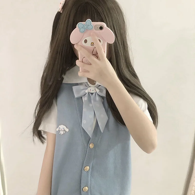 

Kawaii Sanrioed Cinnamoroll Jk Sleeveless Sweater Knitwear Anime College Style Cute Sweater Cardigan Spring Autumn Gift for Girl