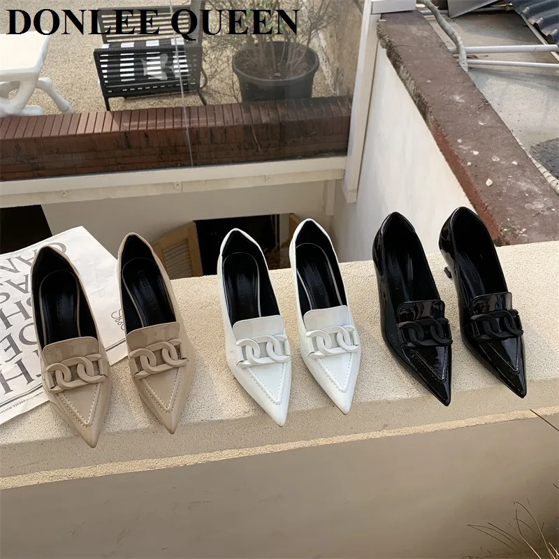 

Туфли-лодочки женские с острым носком, украшение цепочкой, тонкий высокий каблук, весенняя обувь, для вечевечерние, под платье