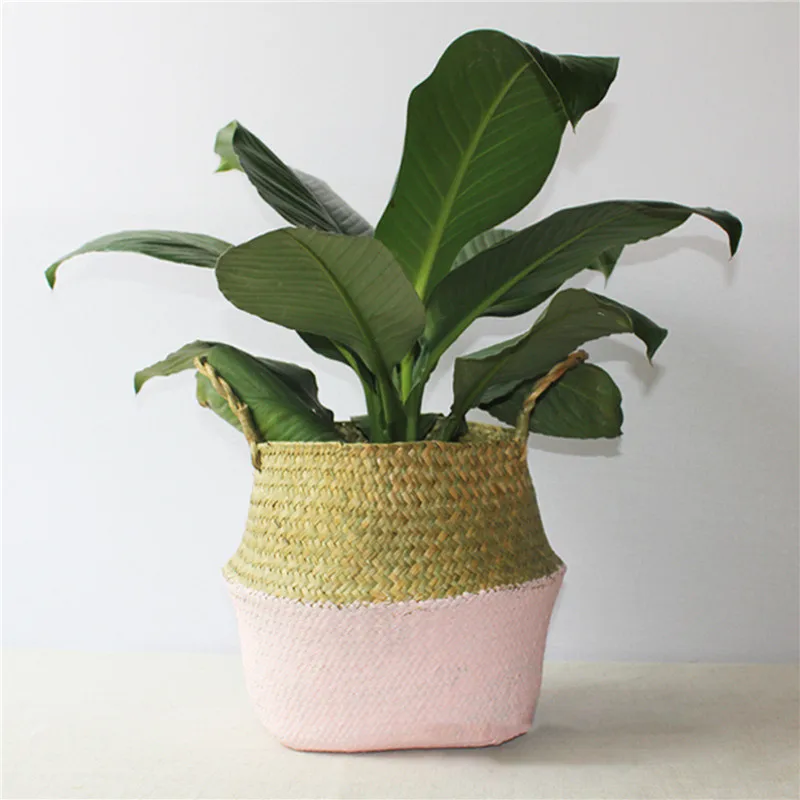 

Складная корзина для хранения из морских водорослей, украшение для сада, подвесной цветочный горшок из ротанга с ручкой, корзина для грязно...