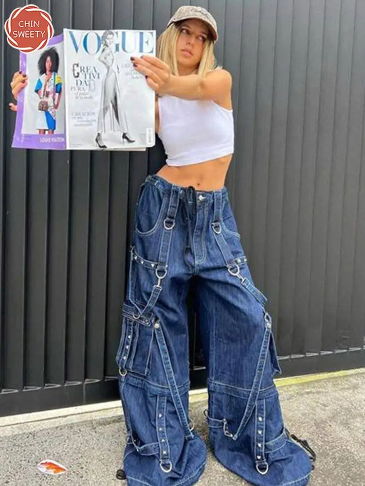 

Джинсы-карго подбородка-Sweety y2k, бандажные голубые мешковатые брюки в стиле панк, уличная одежда, женские брюки в стиле гранж, стильные винтаж...