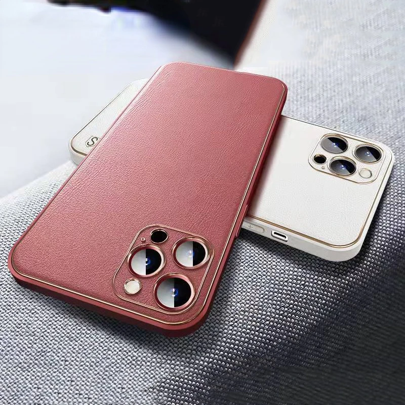 

Gold Edge Plating Leather Mobile Phone Case For iPhone 12 Mini 11 Pro Max X XS Max XR PU Shockproof Protection Back Cover Coques