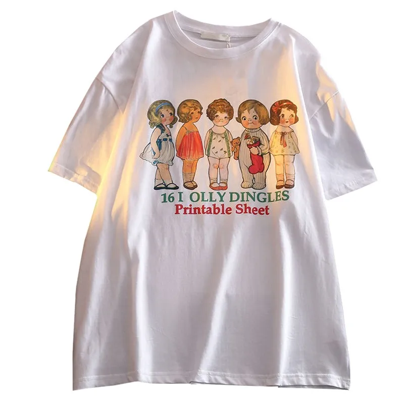 

Plus Size Cartoon Casual New Clothes White Loose Girl Summer T Shirt Cute Five Little Girls Print Harajuku Tees Female Tops 2022