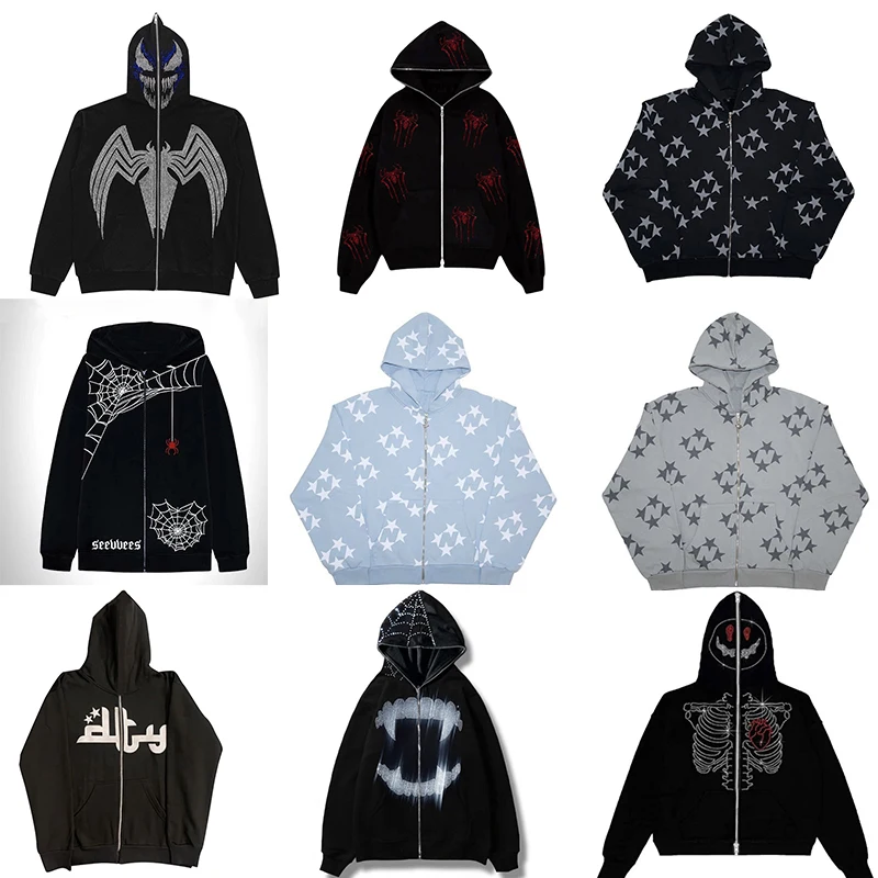 

2022 Осенняя мужская толстовка на молнии в американском стиле, Повседневная Толстовка большого размера Y2K в стиле Харадзюку в стиле хип-хоп