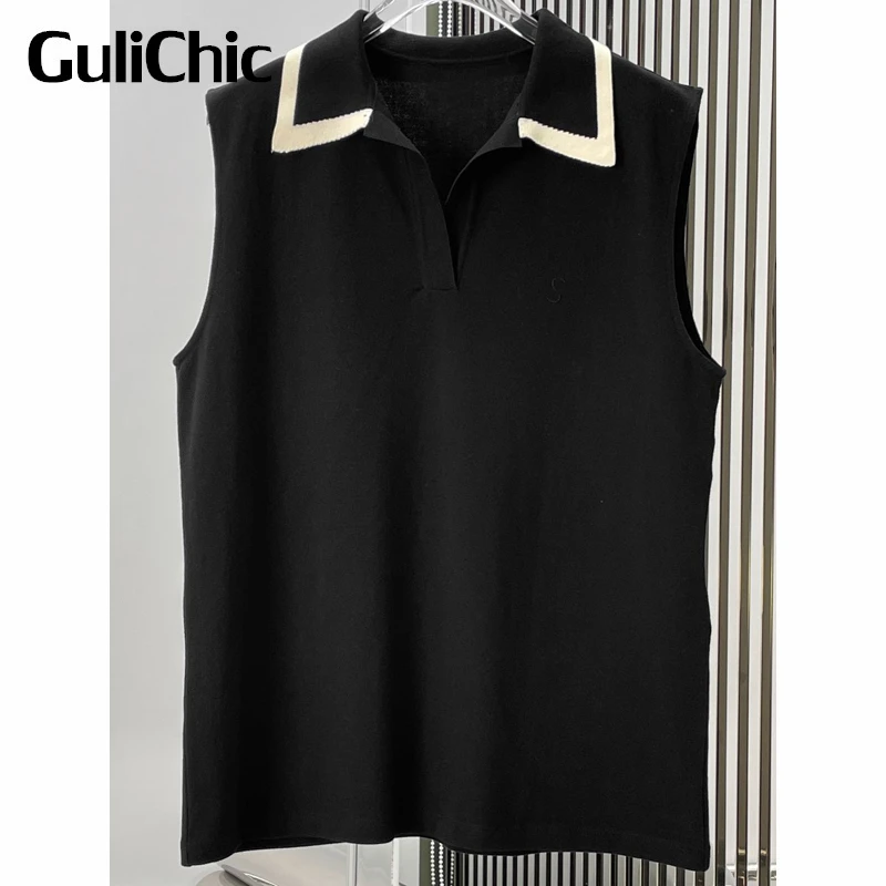 

Женский трикотажный жилет GuliChic контрастных цветов, с отложным воротником, без рукавов, с вышивкой буквами, Повседневный свитер, жилет, 8,29