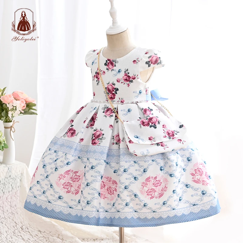 

Yoliyolei Linen Print Clothes Child Girl Shoulder Bag Floral Mid-calf 3-10 Years Girl Kid's Dress With Pearls Waistband