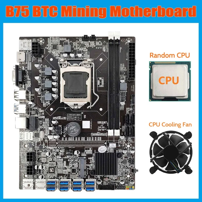 

B75 ETH Mining Motherboard+Random CPU+Cooling Fan LGA1155 8XPCIE USB Adapter DDR3 MSATA B75 USB Miner Motherboard