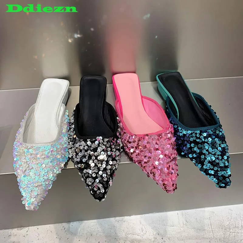 

Шлепанцы женские с заостренным носком, сланцы, Повседневная Уличная обувь, блестящие, плоская подошва, лето-весна 2023