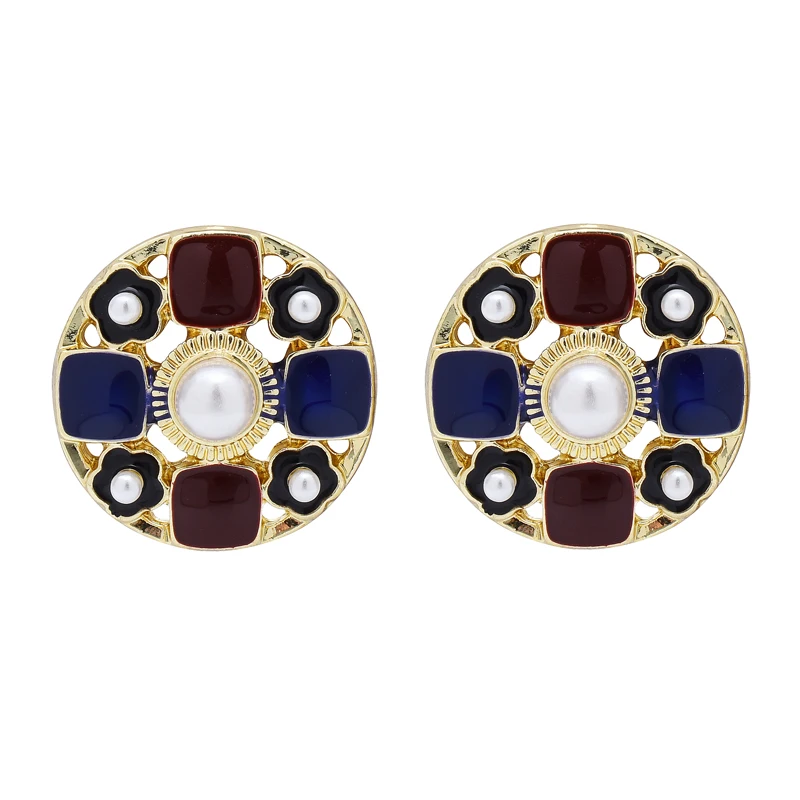 

Wuli&baby Vintage Stud Earrings For Women Enamel Simulated Pearl Round Earrings