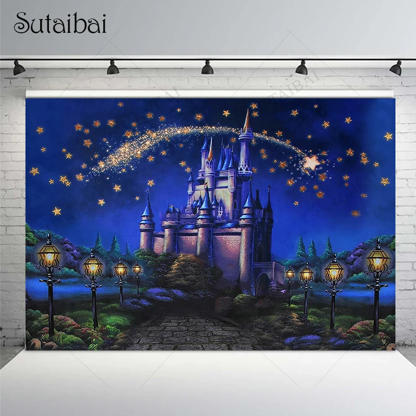 

Фон для студийной фотосъемки с изображением замка принцессы мечты блестящие звезды украшение комнаты уличсветильник свет зеленый луг дети...