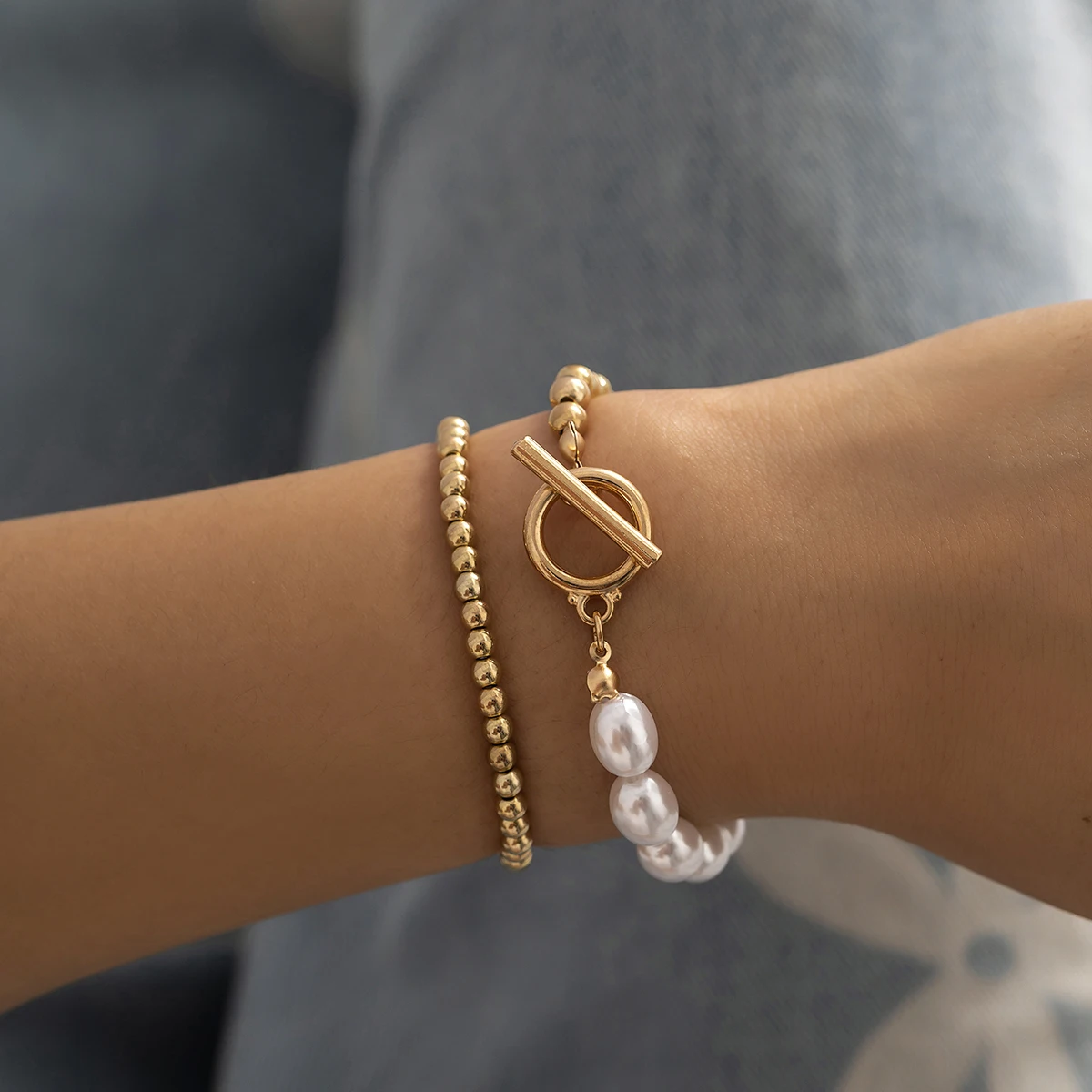 

IngeSight.Z 2Pcs/Set Imitation Pearl CCB Beaded Bracelet For Women Punk Charm Gold Color OT Buckle Bracelets Bangle Jewelry