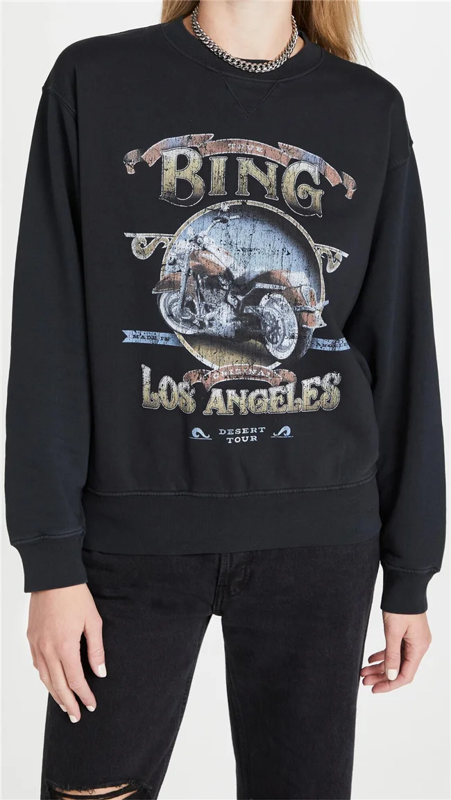 

Simple Classic Cotton Hoodie Loose Round Neck Drop Shoulder Letter Logo Distressed Casual Printed Loose Black Gray Sweatshirt