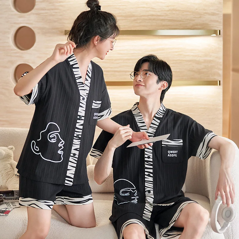Matching Summer Pajamas for Couples Japan V Neck Kimono Nightwear For Men Women Homewear Fashion Pijamas Suit Male Female Pjs images - 6