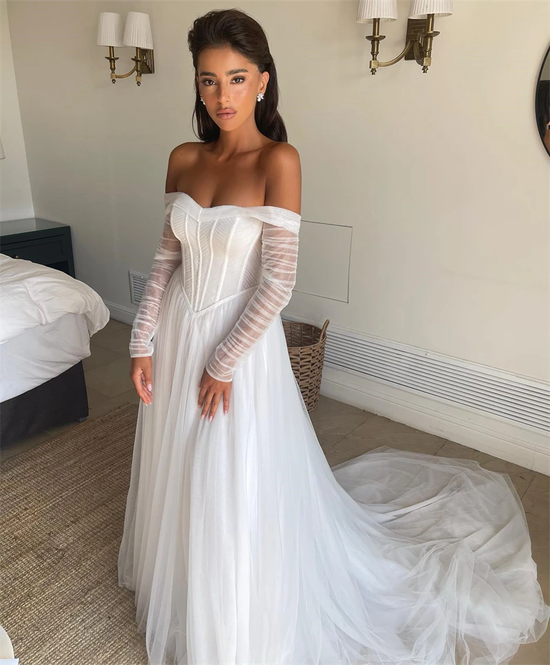 Платье женское свадебное ТРАПЕЦИЕВИДНОЕ с длинным рукавом и открытыми плечами