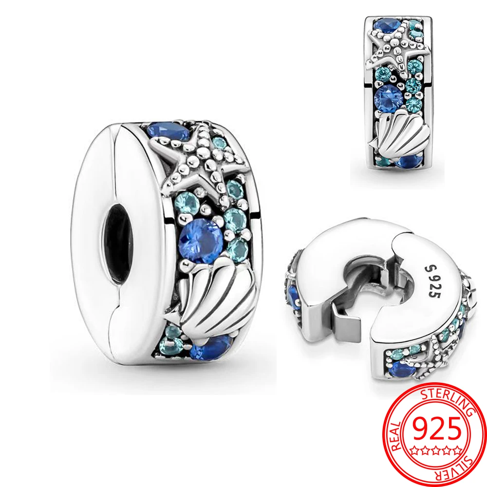 

Серебряные шармы ley 925, синяя звезда, рыба и Морская ракушка, зажим для стопора, подходят для оригинального брендового браслета