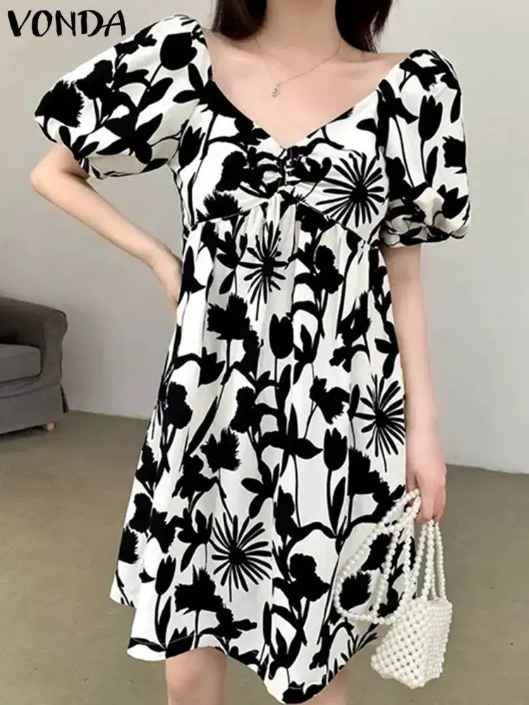 

Платье VONDA женское с коротким рукавом-фонариком, свободный пикантный Повседневный пляжный Мини Сарафан с богемным принтом, с V-образным выре...