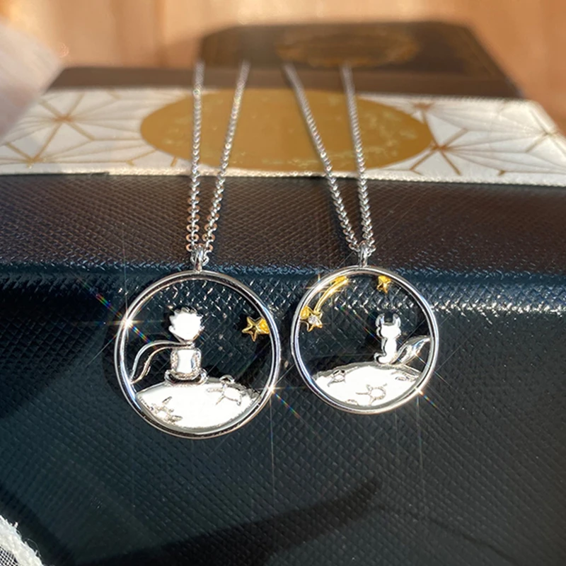 2Pcs Cute Prince Little Fox Pendants Necklace Choker Couple Necklaces Pendants Women Jewelry Accessories Valentine's Day Gift