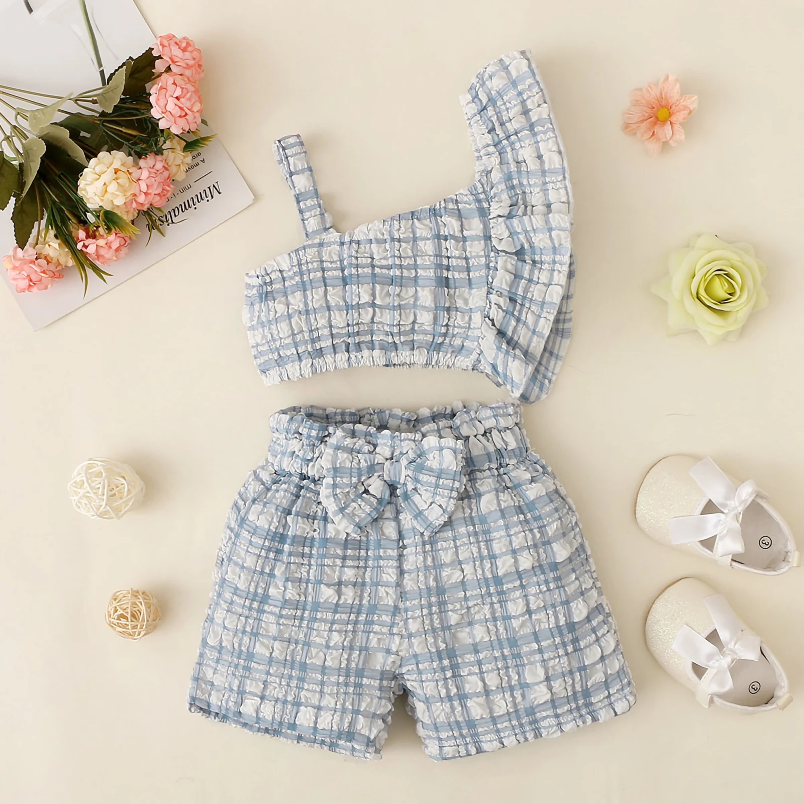 

Kid Girl Pants Suit Sleeveless Off Shoulder Neck Plaid Print Vest Tops Summer Spring Bow Shorts Outfit