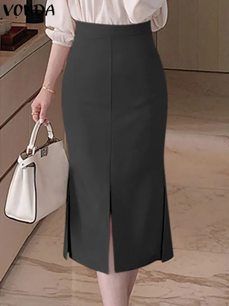 

Solid Color Skirts 2023 VONDA Casual Slit Fishtail Skirts Femininas Office Lady Elegant Party Mid-Calf Skirts Oversized Bottoms