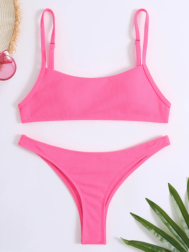 

2022 тонкий Однотонный женский бикини из двух частей с ремнем через плечо, летний женский винтажный купальник, пляжные купальные костюмы