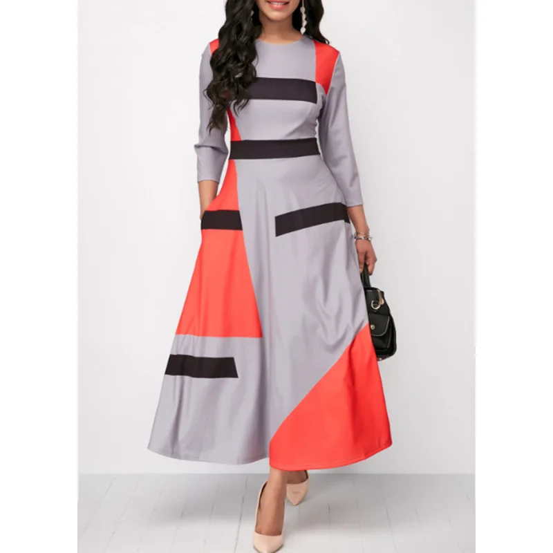 

Summer Autumn Dress Women 2020Casual Plus Size Slim Striped Ball Gown Maxi Dresses Elegant Sexy Patchwork Long Party Dress 5XL