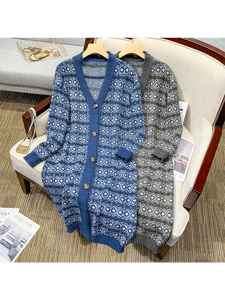 

Модный длинный вязаный кардиган в стиле ретро, Женский весенне-осенний Новый универсальный свитер выше колена с геометрическим рисунком, пальто для женщин