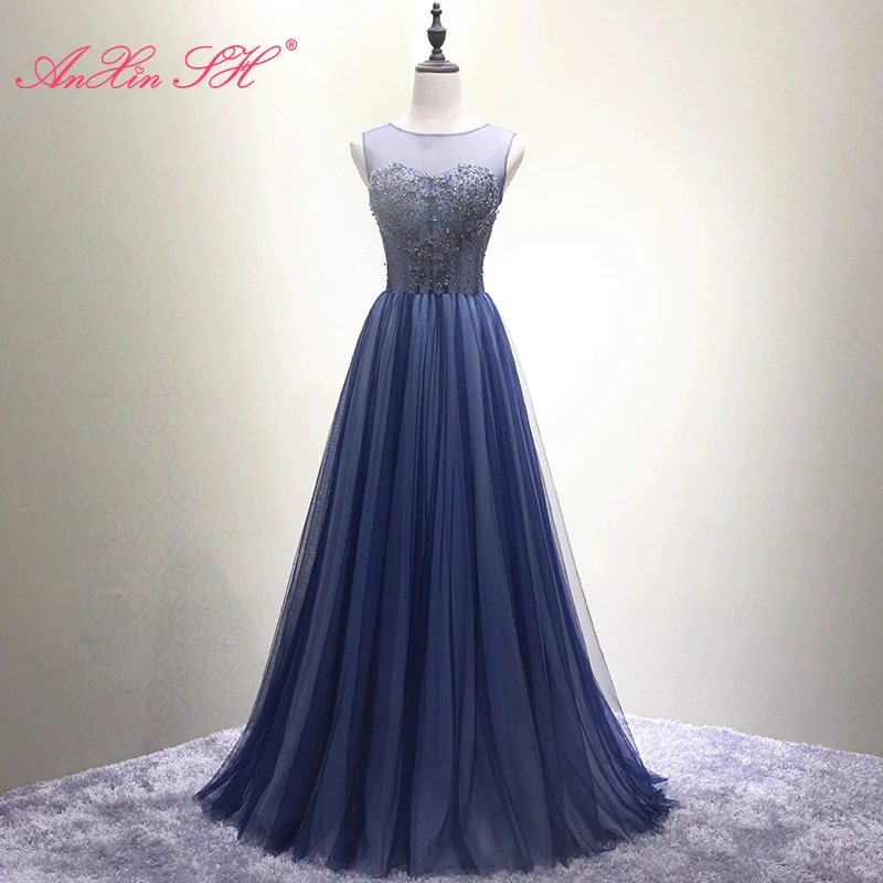 

Женское винтажное вечернее платье AnXin SH, темно-синее кружевное платье принцессы с круглым вырезом, без рукавов, расшитое бисером, ТРАПЕЦИЕВИ...