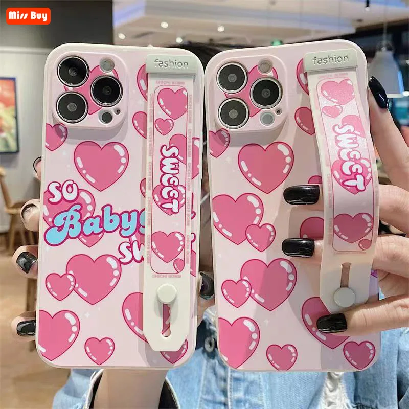 

Fashion Love Heart Wrist Band Bracket Liquid Silicone Case For Samsung Galaxy Note 10 Pro A33 A53 A73 5G M52 M32 J1 ACE A22 Case