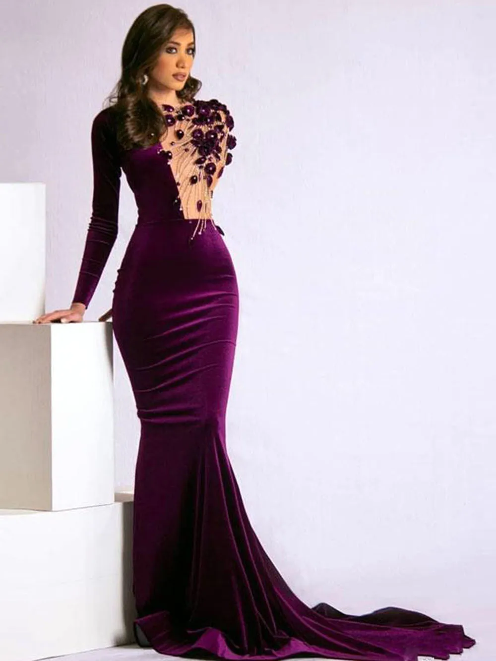 Роскошные бархатные вечерние платья с длинным рукавом платья-русалки цветами