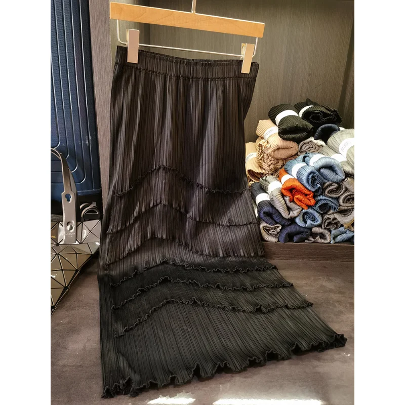 

Летняя Новинка 2023, плиссированная юбка миаке с деревянными краями ушей, средней длины, тонкая трапециевидная юбка, женская одежда