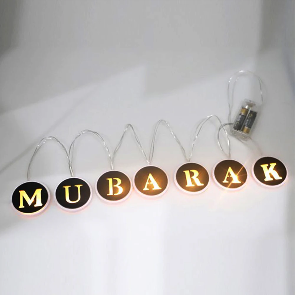 

String Light Hanging Wooden Round Ramadan Mubarak Letters Festival Eid String Light Home Decor Hanging Lamp