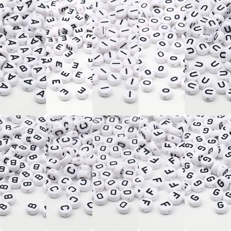 

50/100/200pcs 7mm White Vowel Alphabet Letter Beads Flat Round Spacer Acrylic Beads For Jewelry Making Diy Bracelet Accessories