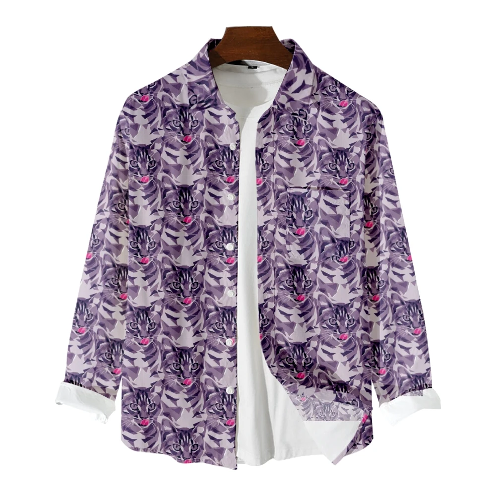 

Long Sleeve Shirt Men's Purple Cat Print Casual Personality Trend Elegant Noble Jacket